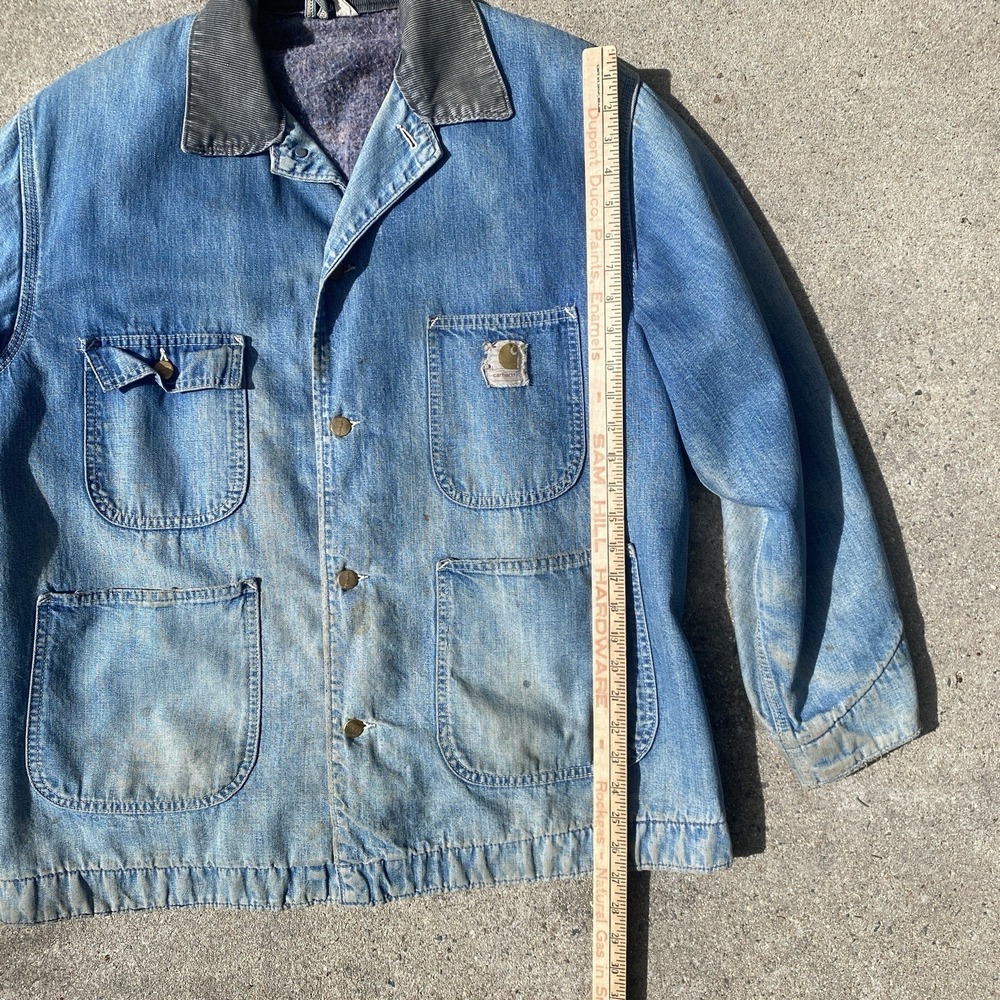 Vintage Carhartt Denim Barn Jacket Coat 70s Faded DIstressed Sz 44 Large - Picture 5 of 11